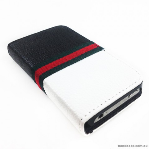 Litchi Skin Quality PU Leather Dual Color Wallet Case for Apple iPhone 4 - Black & White
