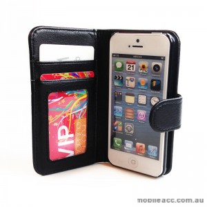 Litchi Skin Wallet Case with ID Card Slots for Apple iPhone 5/5S/SE - Black