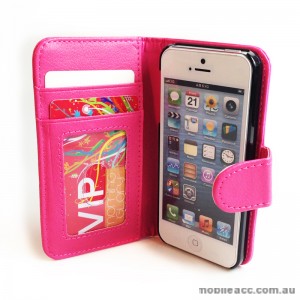 Litchi Skin Wallet Case with ID Card Slots for Apple iPhone 5/5S/SE - Hot Pink