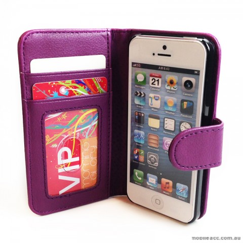 Litchi Skin Wallet Case with ID Card Slots for Apple iPhone 5/5S/SE - Purple