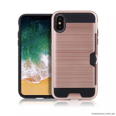 Rugged Shockproof Tough Back Case With Side Card Slot For iPhone X - Rose Gold